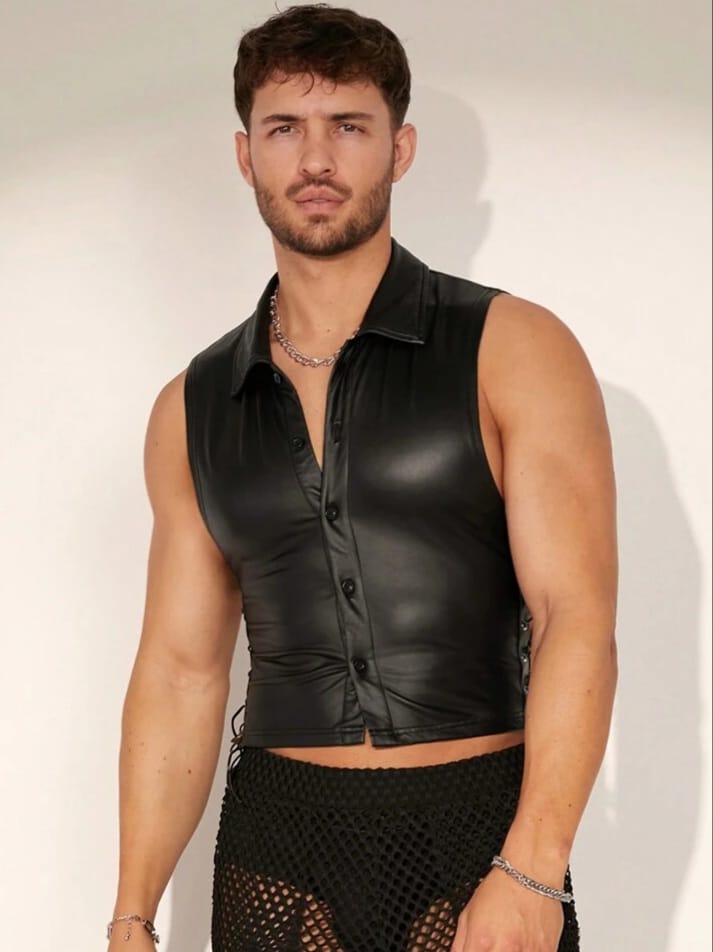 Men's Solid Color Lace Binding PU Leather tank Top